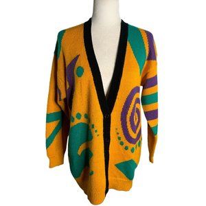 Vintage 90s Knit Cardigan Sweater S Yellow Geometric Buttons V Neck Long Sleeves